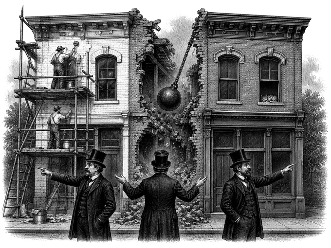 A storefront being renovated, demolished and left alone at once.